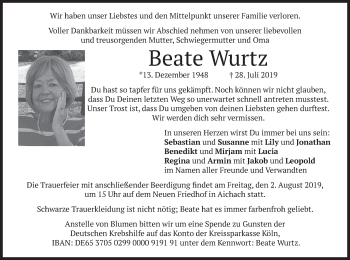 Todesanzeige von Beate Wurtz von merkurtz