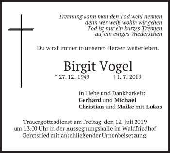 Todesanzeige von Birgit Vogel von merkurtz