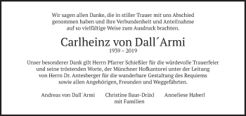 Todesanzeige von Carlheinz von Dall Armi von merkurtz