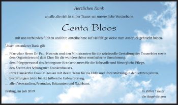 Todesanzeige von Centa Bloos von merkurtz