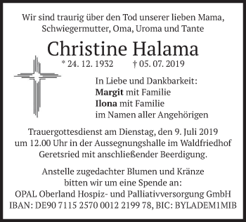 Todesanzeige von Christine Halama von merkurtz