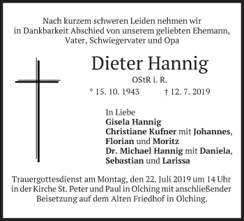 Todesanzeige von Dieter Hannig von merkurtz