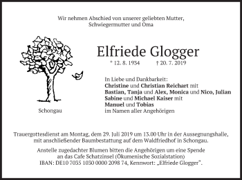 Todesanzeige von Elfriede Glogger von merkurtz