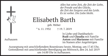 Todesanzeige von Elisabeth Barth von merkurtz