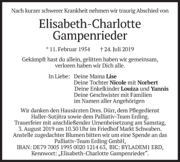 Todesanzeige von Elisabeth-Charlotte Gampenrieder von merkurtz