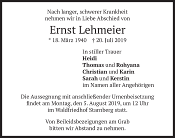 Todesanzeige von Ernst Lehmeier von merkurtz