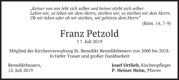 Todesanzeige von Franz Petzold von merkurtz