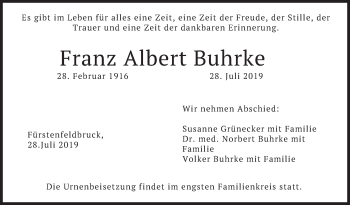 Todesanzeige von Franz Albert Buhrke von merkurtz