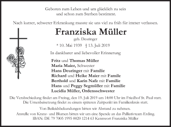Todesanzeige von Franziska Müller von merkurtz