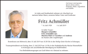 Todesanzeige von Fritz Achmüller von merkurtz