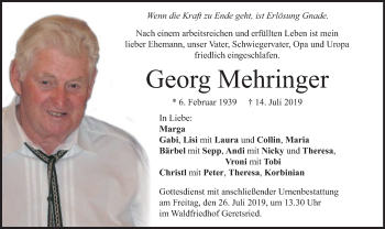 Todesanzeige von Georg Mehringer von merkurtz