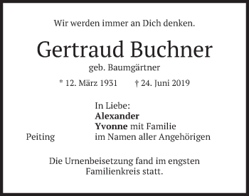 Todesanzeige von Gertraud Buchner von merkurtz