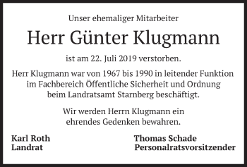 Todesanzeige von Günter Klugmann von merkurtz