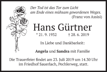 Todesanzeige von Hans Gärtner von merkurtz