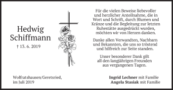 Todesanzeige von Hedwig Schiffmann von merkurtz