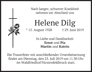 Todesanzeige von Helene Dilg von merkurtz
