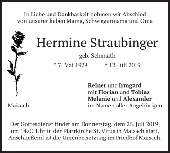Todesanzeige von Hermine Straubinger von merkurtz