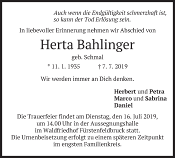 Todesanzeige von Herta Bahlinger von merkurtz