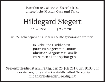 Todesanzeige von Hildegard Siegert von merkurtz