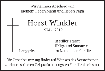 Todesanzeige von Horst Winkler von merkurtz