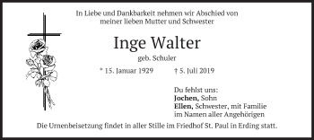 Todesanzeige von Inge Walter von merkurtz
