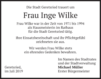 Todesanzeige von Inge Wilke von merkurtz