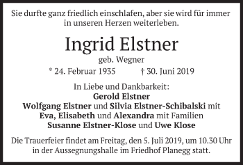 Todesanzeige von Ingrid Elstner von merkurtz