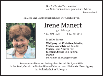 Todesanzeige von Irene Manert von merkurtz