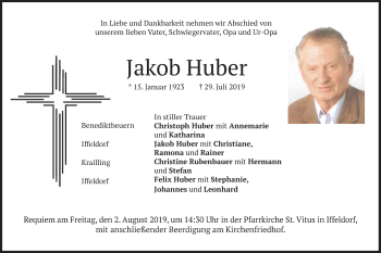 Todesanzeige von Jakob Huber von merkurtz