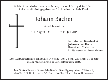Todesanzeige von Johann Bacher von merkurtz