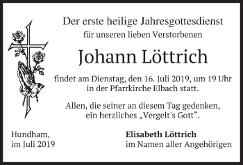 Todesanzeige von Johann Löttrich von merkurtz