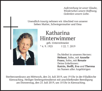 Todesanzeige von Katharina Hinterwimmer von merkurtz