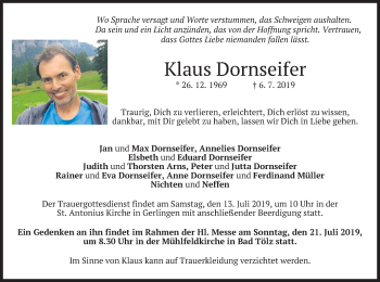 Todesanzeige von Klaus Dornseifer von merkurtz