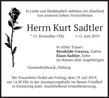 Todesanzeige von Kurt Sadtler von merkurtz