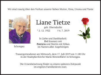 Todesanzeige von Liane Tietze von merkurtz
