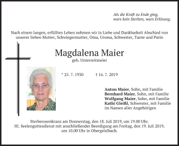 Todesanzeige von Magdalena Maier von merkurtz