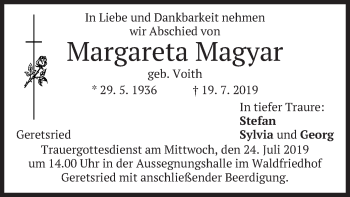Todesanzeige von Margareta Magyar von merkurtz