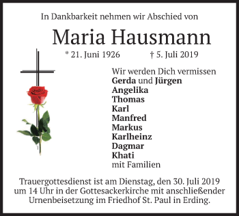 Todesanzeige von Maria Hausmann von merkurtz
