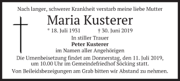Todesanzeige von Maria Kusterer von merkurtz