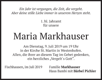 Todesanzeige von Maria Markhauser von merkurtz