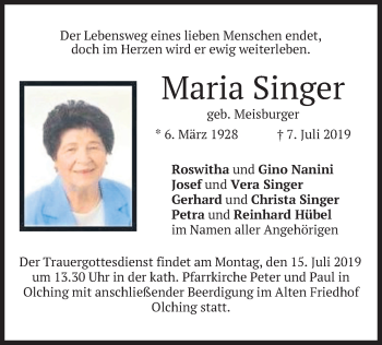 Todesanzeige von Maria Singer von merkurtz