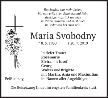 Todesanzeige von Maria Svobodny von merkurtz