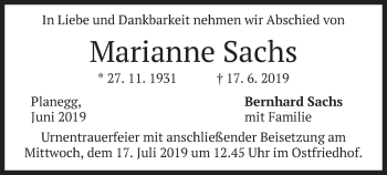 Todesanzeige von Marianne Sachs von merkurtz