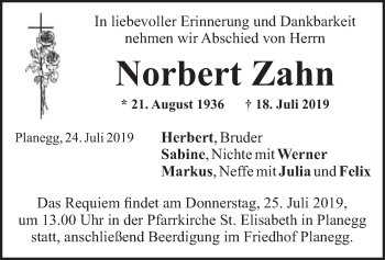 Todesanzeige von Norbert Zahn von merkurtz