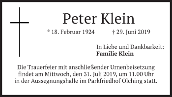 Todesanzeige von Peter Klein von merkurtz