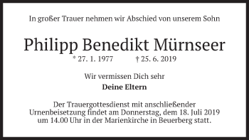 Todesanzeige von Philipp Benedikt Mürnseer von merkurtz