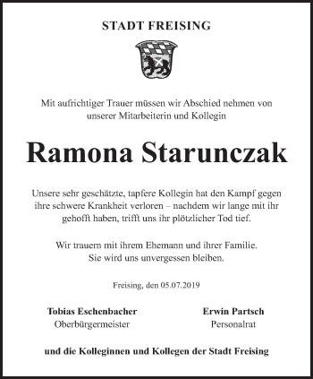 Todesanzeige von Ramona Starunczak von merkurtz