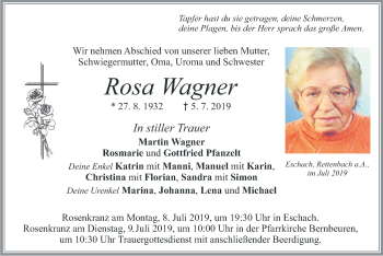 Todesanzeige von Rosa Wagner von merkurtz