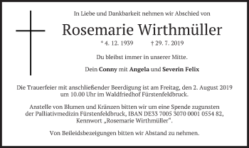 Todesanzeige von Rosemarie Wirthmüller von merkurtz