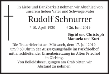 Todesanzeige von Rudolf Schnurrer von merkurtz